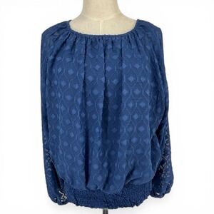 Harper 241 Navy Blue Clip Dot Smocked Hem Blouse PXL Nautical Preppy Beach